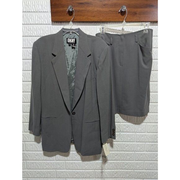DKNY Women's Green Solid Pure Wool Blazer Jacket & Pencil Skirt Suit Set Size 10 - Picture 1 of 9
